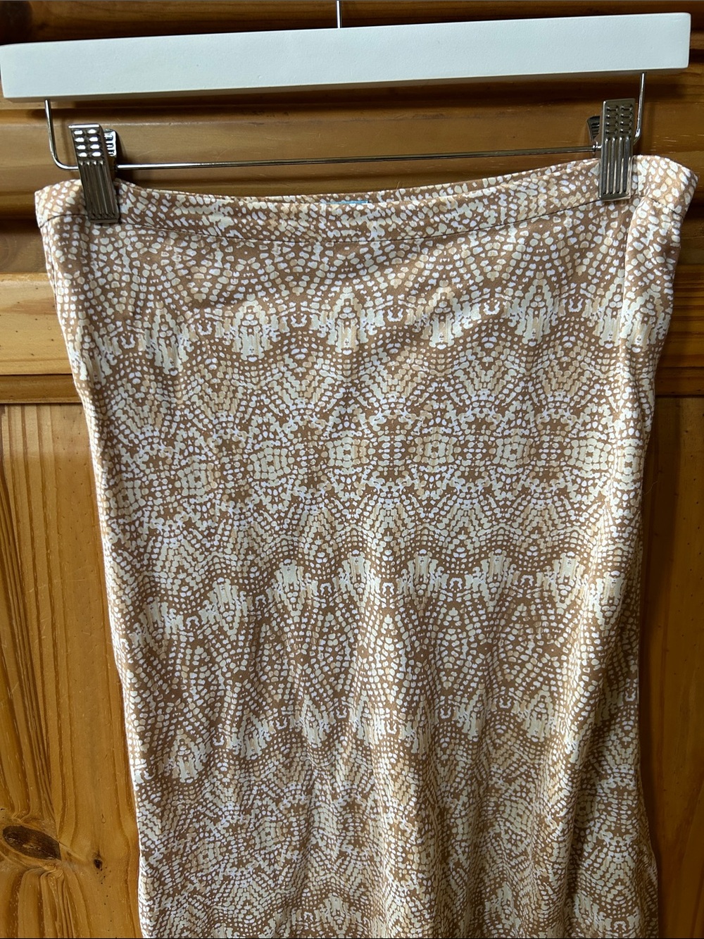 J. McLaughlin Tan White Geometric Print Rayon Midi Skirt Boho Flowy A-Line - Picture 3 of 7